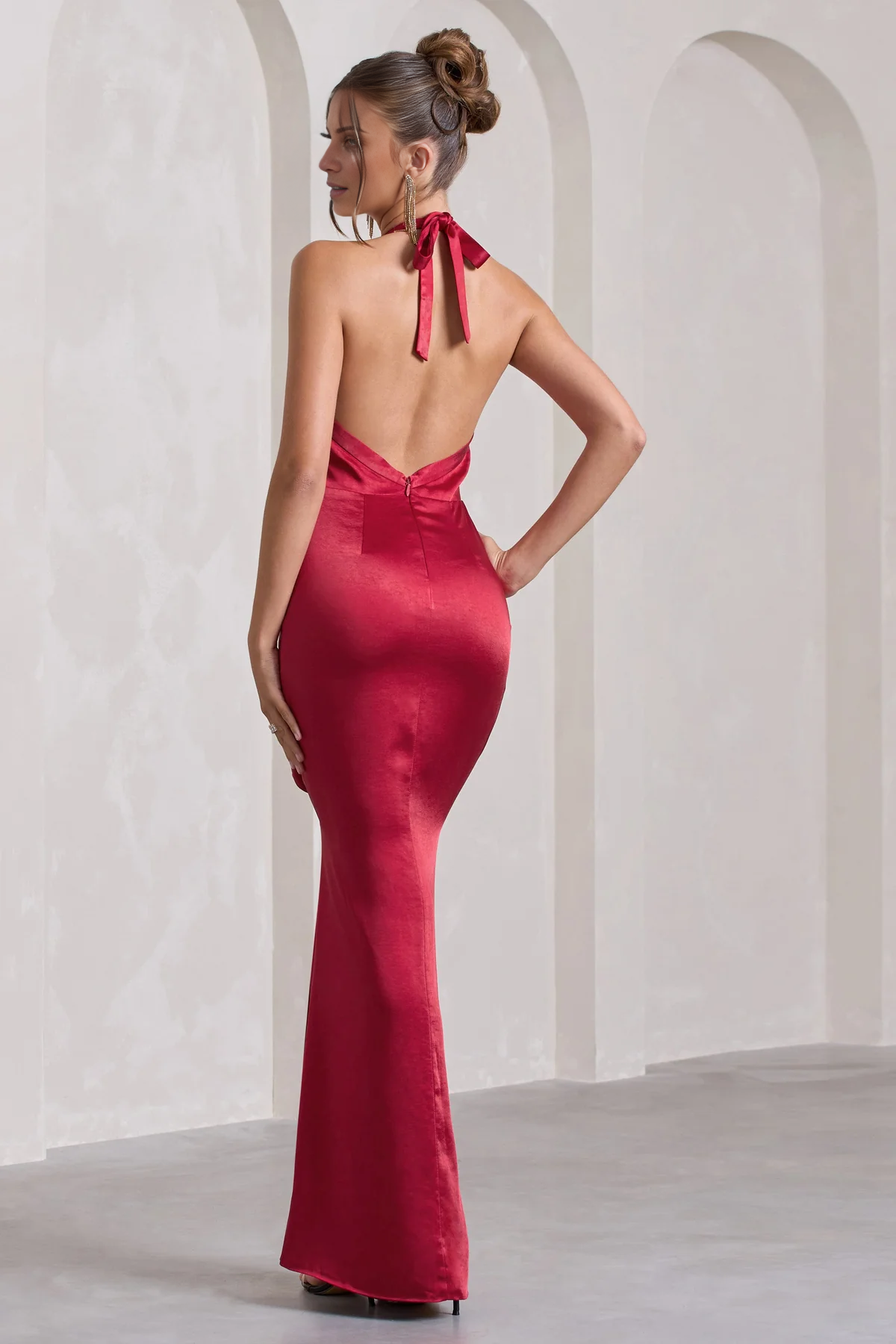 Satin low V hanging neck open back slit and floor length evening dress - Dress