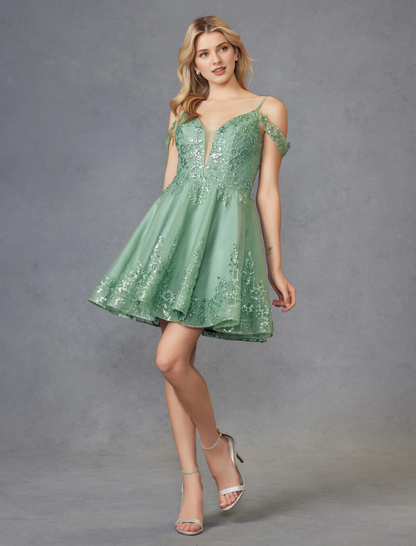 Embroidered off shoulder short dress with sequins