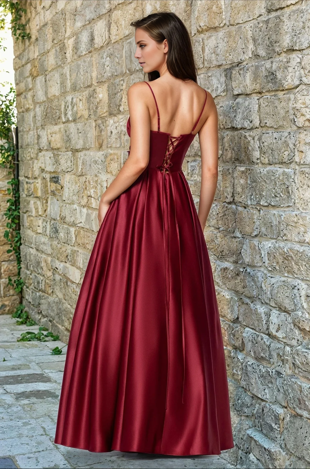 A-line V-neck slim shoulder strap backless and floor length evening dress