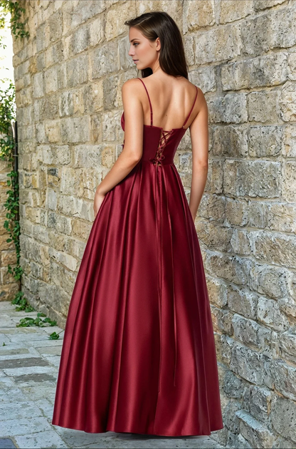 A-line V-neck slim shoulder strap backless and floor length evening dress