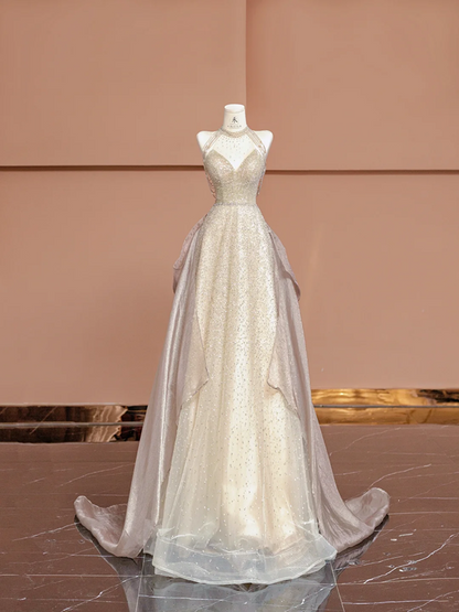 Champagne-colored halter neck, fitted waist, long ball gown/bridal dress R8394