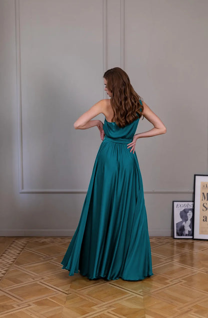 - Asymmetric collar backless satin and floor length Prom dress