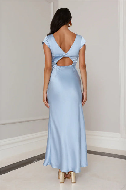V-neck satin short sleeved backless long Prom dress