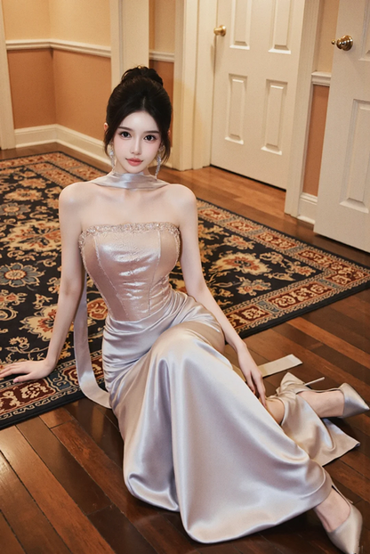 Light purple strapless fitted long ball gown R7528
