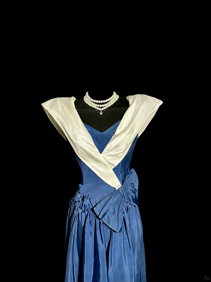 Blue satin fitted A-line ball gown R6609