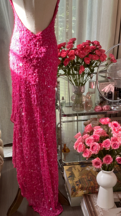 Rose pink halter neck backless sexy long ball gown R7755