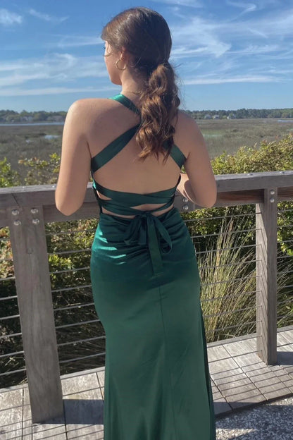V-neck dark blue cross back long dress
