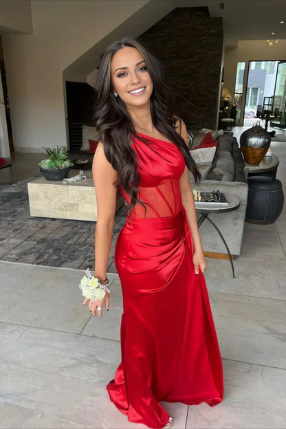 One Shoulder Hot Pink Split Mermaid Long Prom Dress