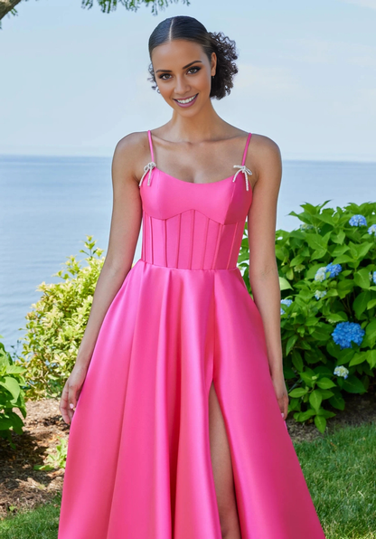 A-line spoon collar front slit and floor length evening gown