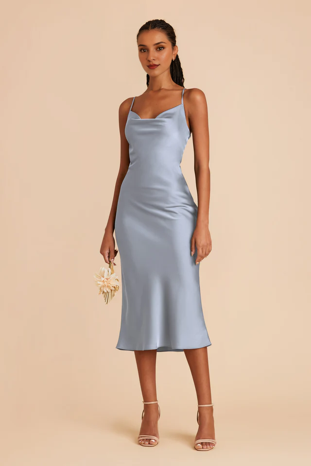 Fully lined pleated neckline mid length side zipper bridesmaid dress