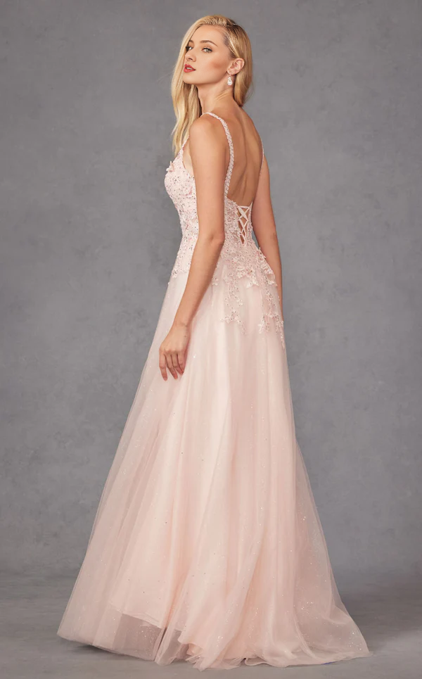 Thin shoulder strap V-neck backless lace decal sheer side slit and floor length Prom dress
