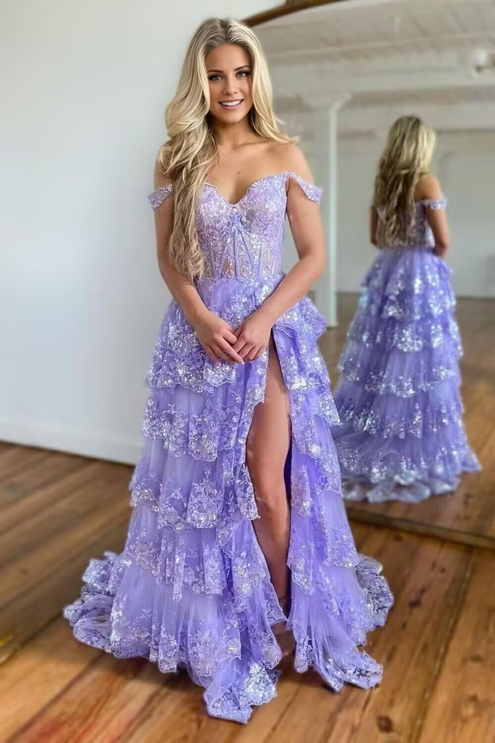 off shoulder ball gown long ball gown paired with neat shiny sequin layered sheer formal party gown