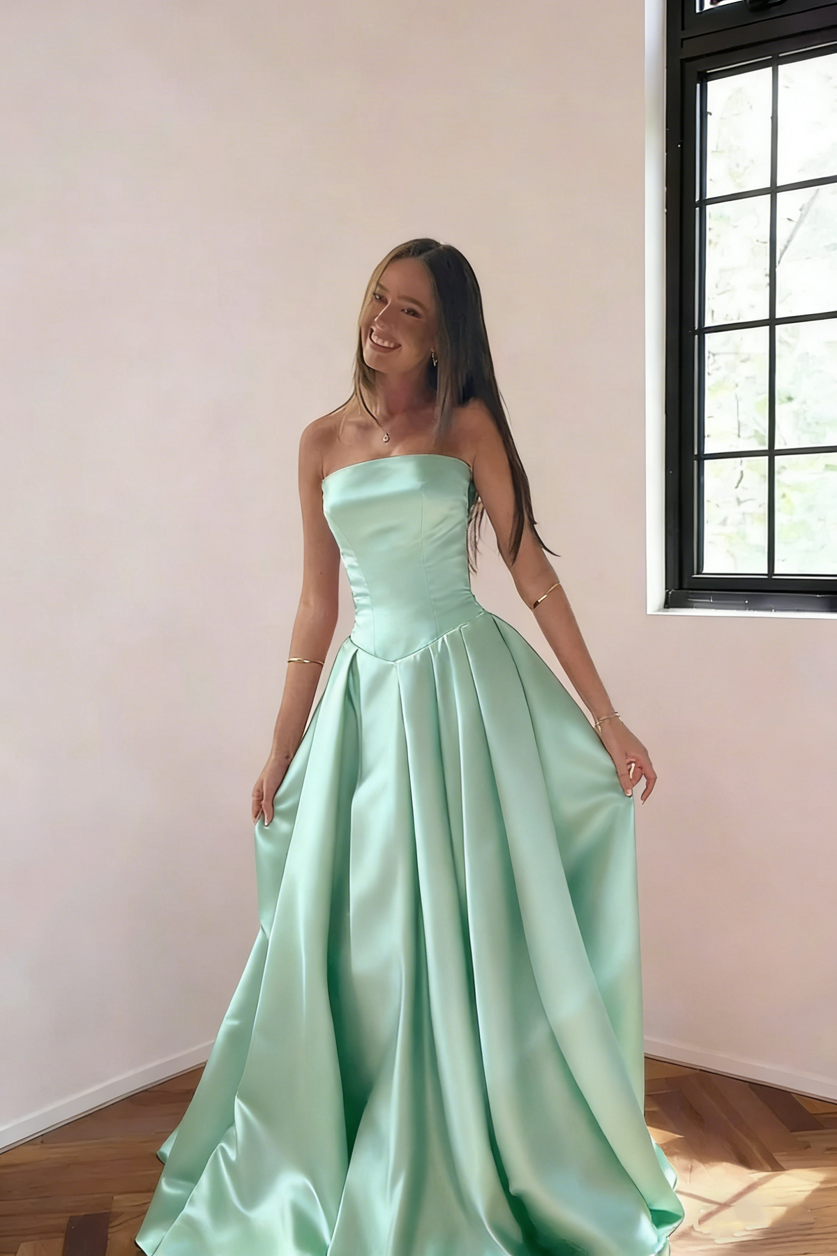Classy Burgundy Strapless Satin Pleated Long Evening Dress Formal Wedding Guest Dress SP1732