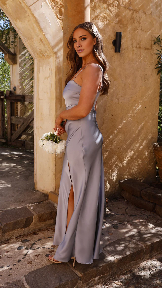 square neckline thin shoulder straps side slit long Prom dress