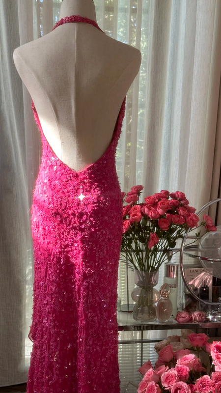 Rose pink halter neck backless sexy long ball gown R7755