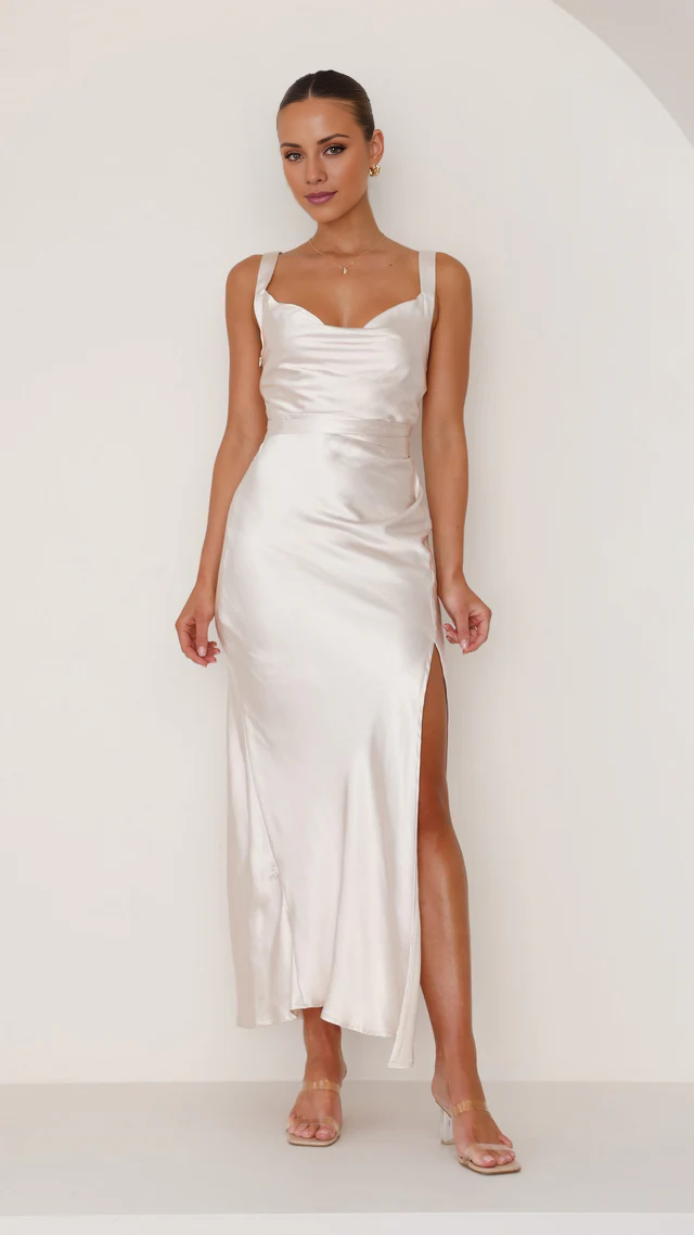 scarf collar with exposed back strap side split and floor length Prom dress