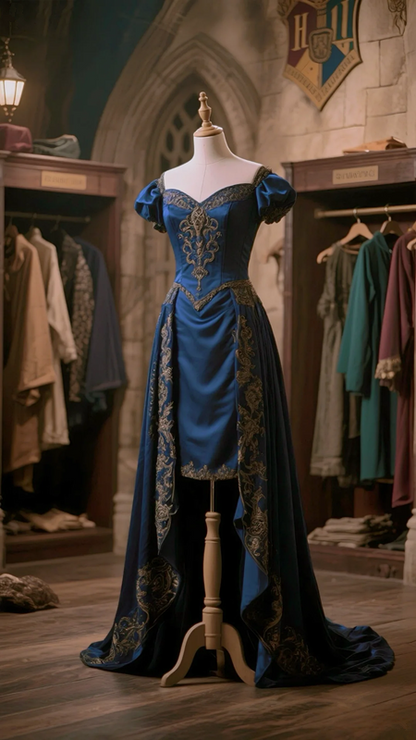 Retro blue puff sleeve slim waist classic ball gown R6090