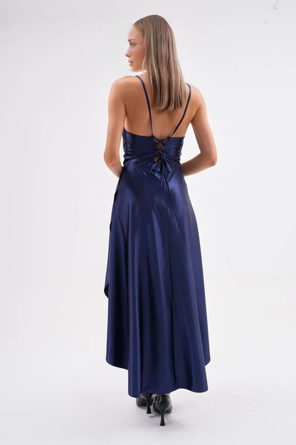 - satin pleated thin shoulder strap backless long Prom dress