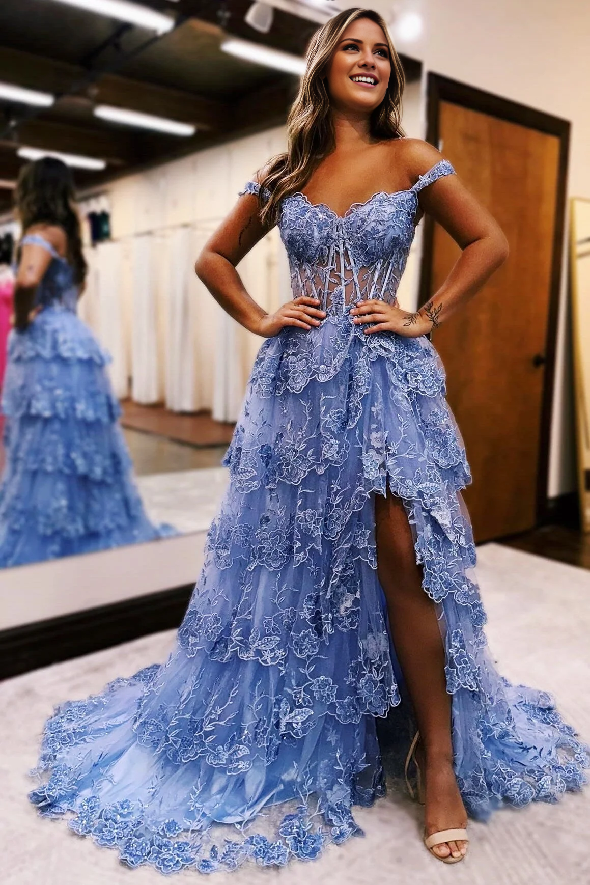 off shoulder ball gown long ball gown paired with neat shiny sequin layered sheer formal party gown