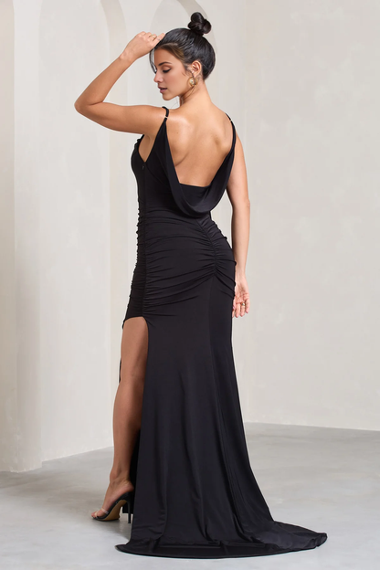 Hanging sleeveless high leg slit and floor length evening dress - dress