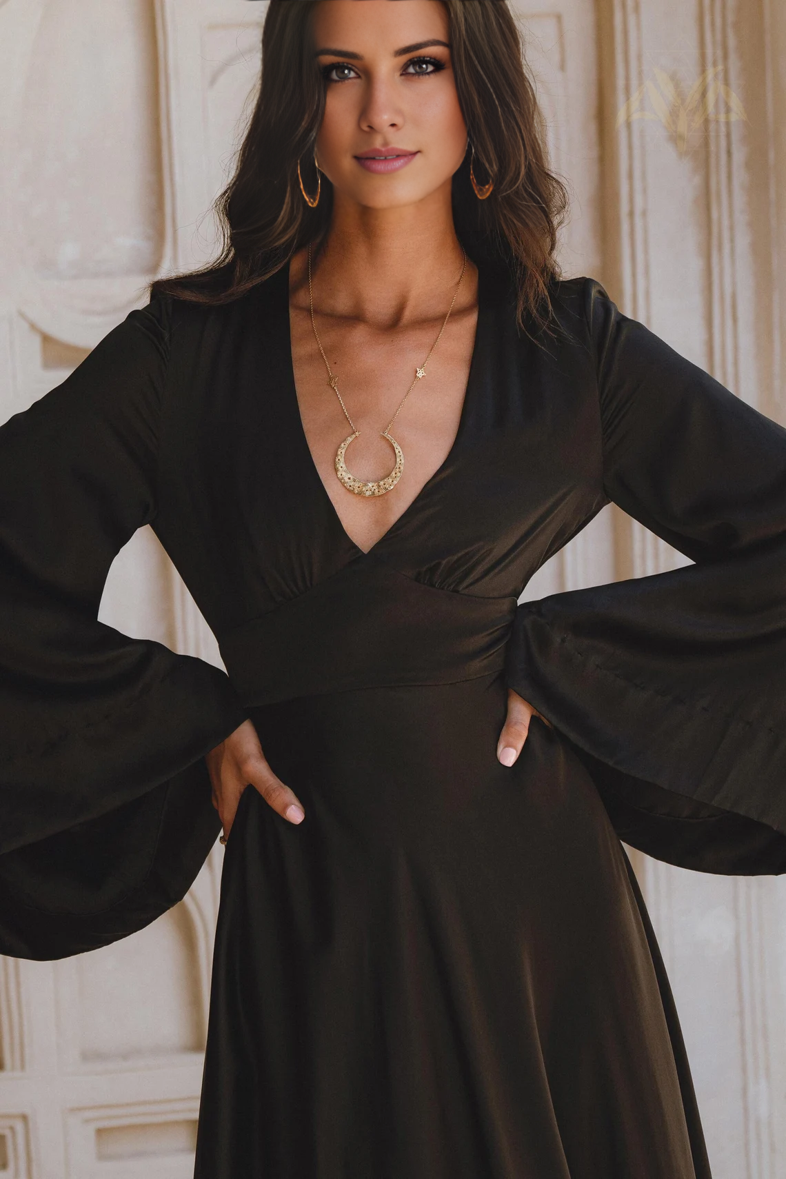 V-neck long sleeved backless and floor length evening dress