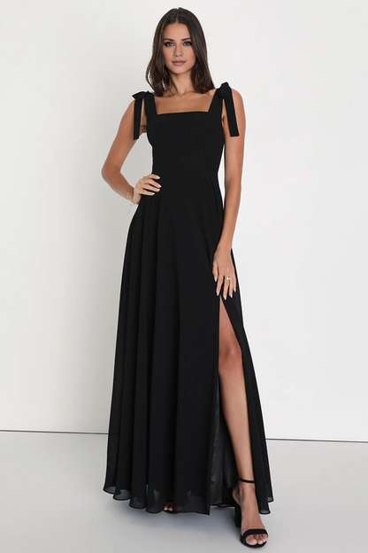square neckline lace up shoulder exposed back side slit and floor length Prom dress