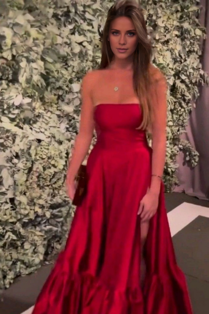 off shoulder pleated A-line slit and floor length dress