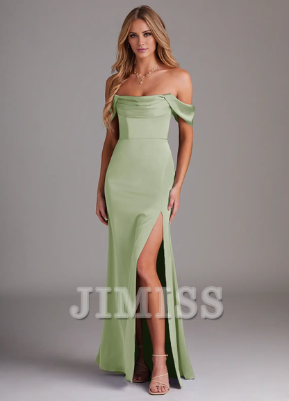 Off Shoulder Side Split Satin and Floor length Bridesmaid Dress - Dress