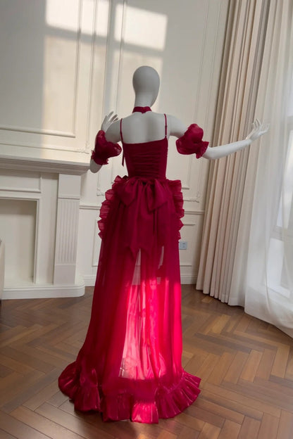 girlhomeshops-Burgundy Satin Spaghetti-Strap Puff-Sleeve Train Gown  gh6383