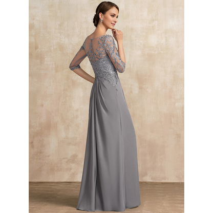 A-shaped Scoop Illusion floor mopping chiffon lace ribbon bead sequins layered ruffles mother of the bride dress