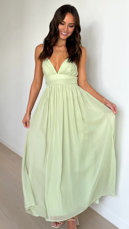 V-neck slim shoulder strap backless and floor length Prom dress
