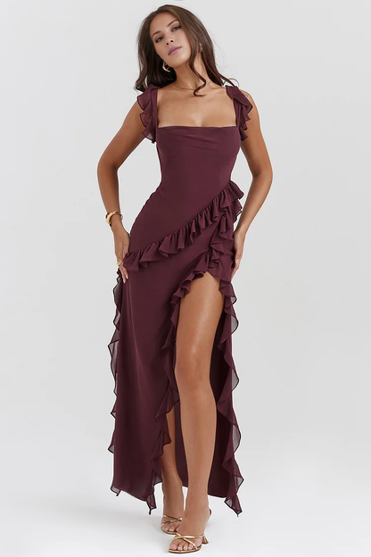square neckline off shoulder sleeveless backless side slit and floor length Prom dress