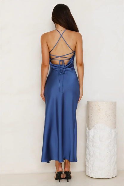 halter neckline satin backless side slit long Prom dress