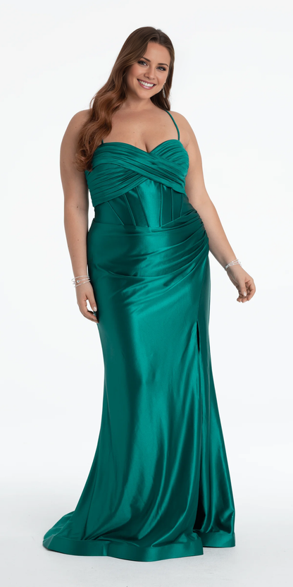 off shoulder satin thin shoulder strap tight corset and floor length Prom dress
