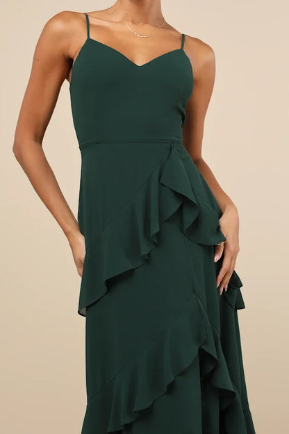 V-neck sleeveless thin shoulder strap backless side slit ruffle edge and floor length evening dress