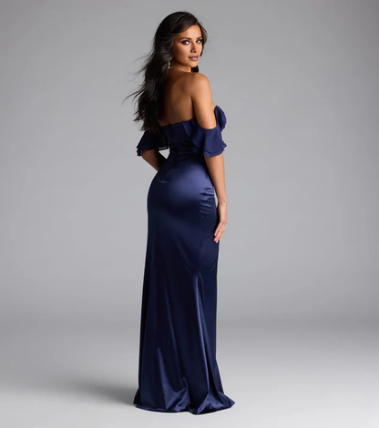 heart-shaped neckline satin side slit backless and floor length Prom dress