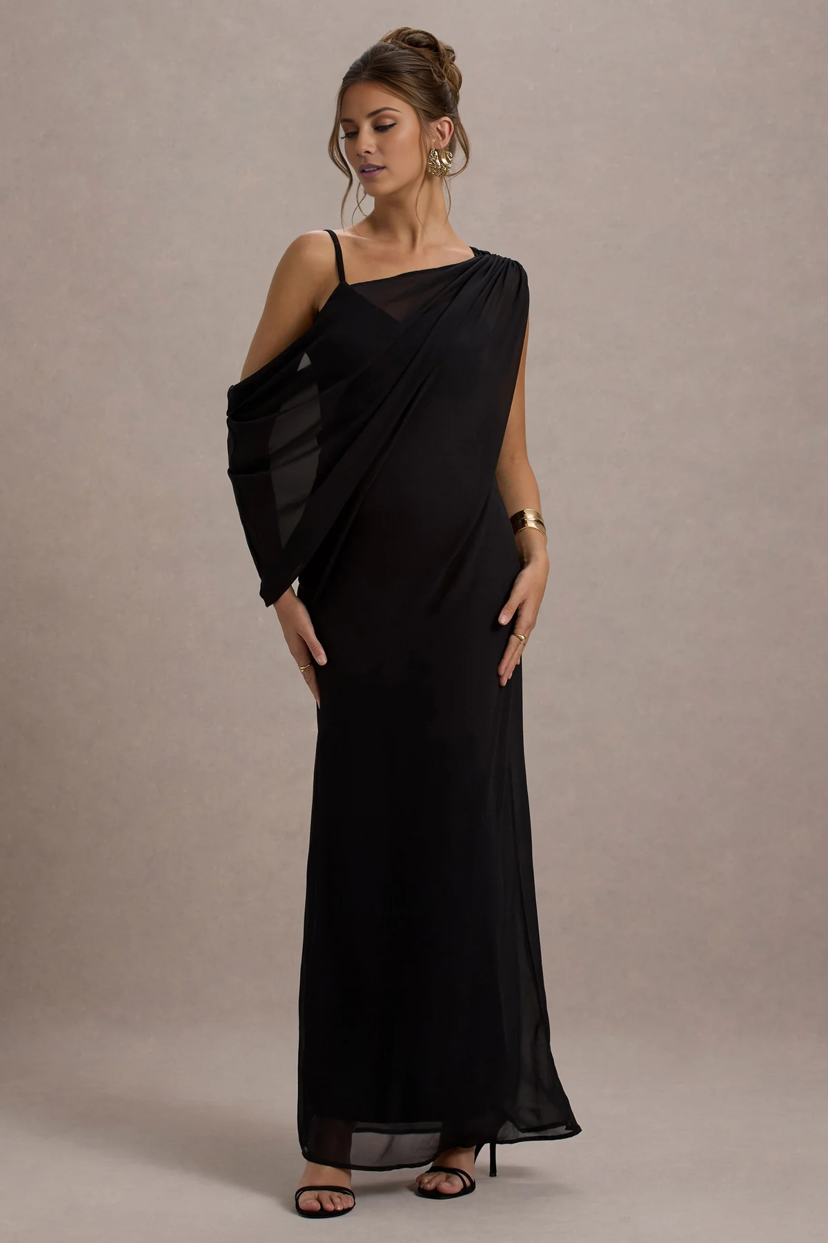 Chiffon ribbon black V-neck and floor length evening dress - Dress