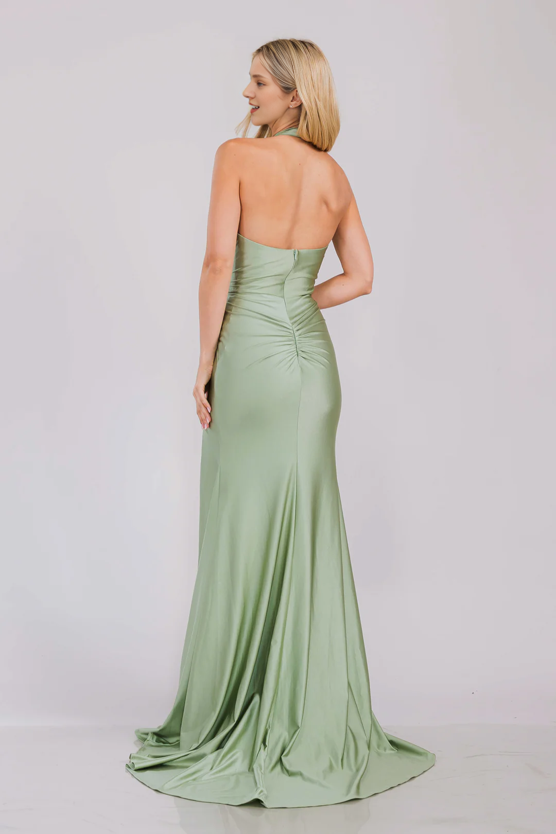 Fitted slit pleated long neck hanging satin dress