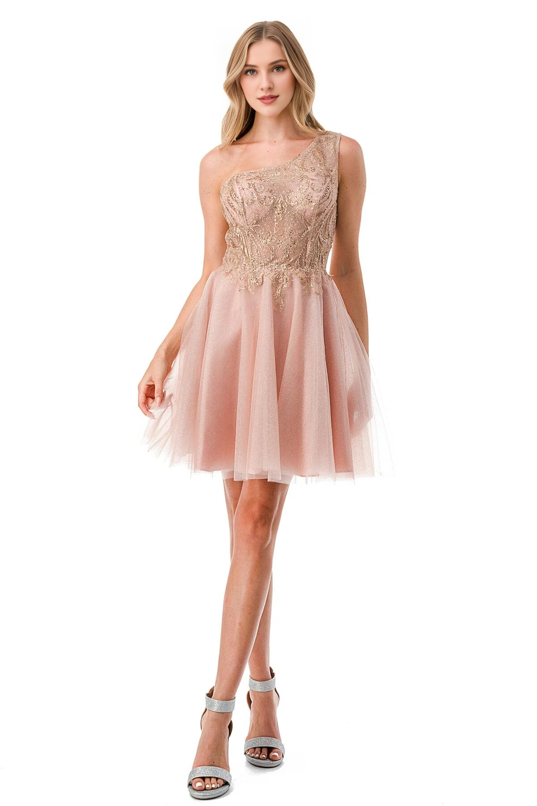 Beaded short one shoulder dress paired with A-line skirt