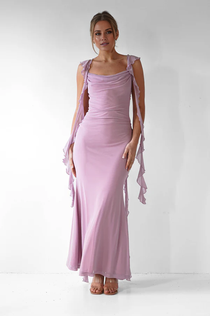Square neck backless ruffle edge detail long Prom dress - Dress