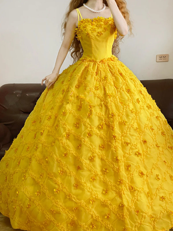 Yellow Spaghetti-Strap Waist-Cinched Puffy-Hem Ball Gown, Bridal Gown R7322