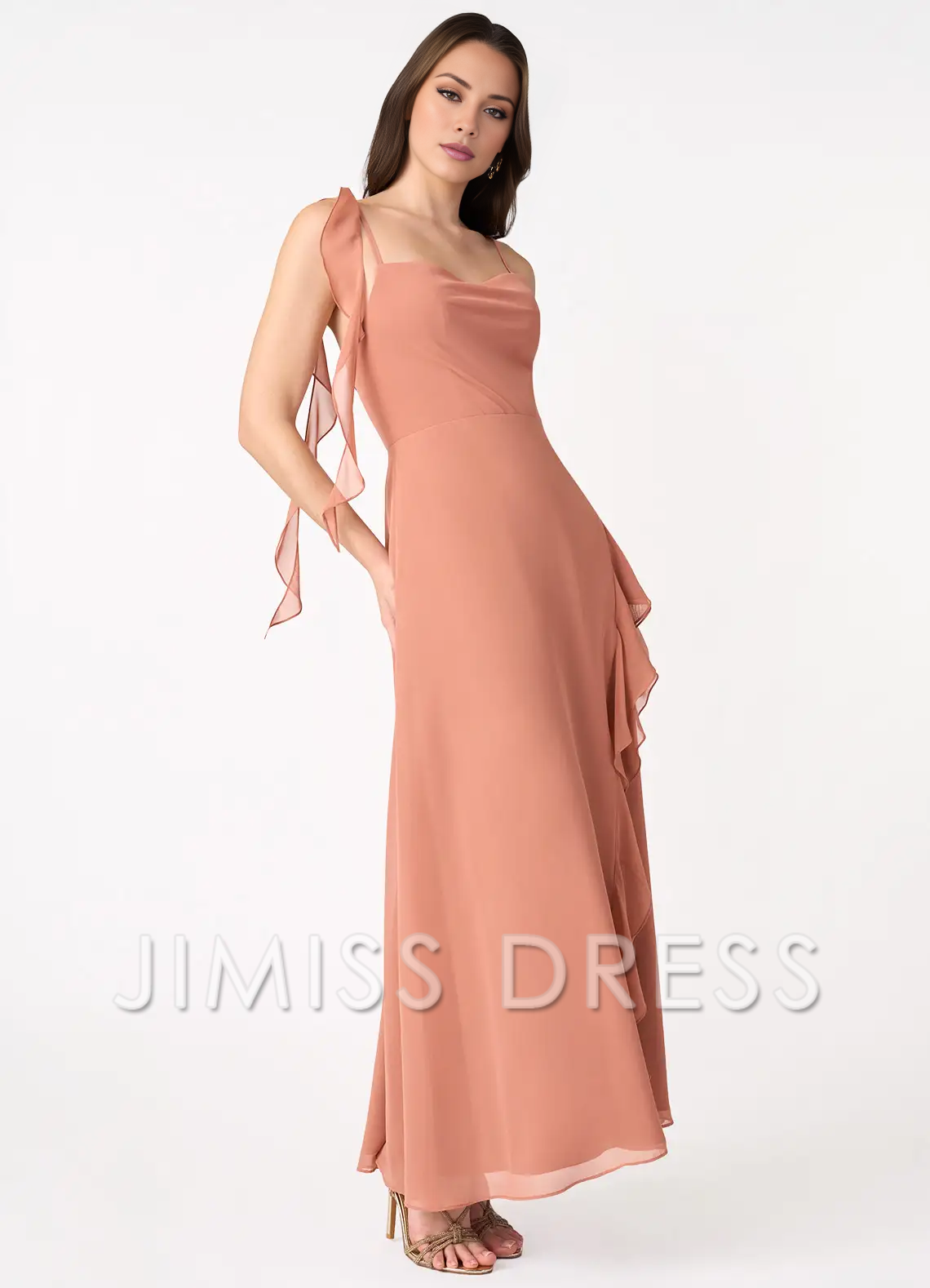 slim shoulder chiffon asymmetrical ruffle edge side slit and floor length Prom dress