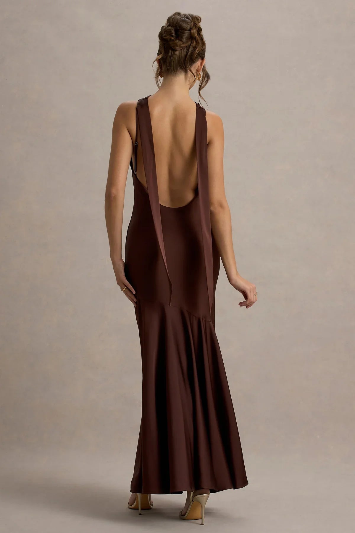 Satin high neck backless and floor length evening dress - dress