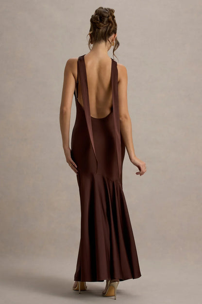 Satin high neck backless and floor length evening dress - dress