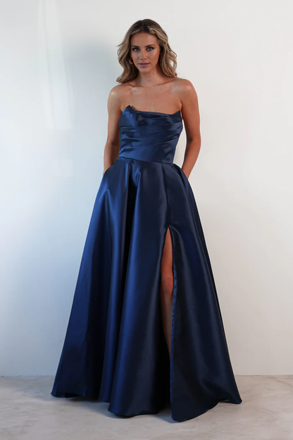 Off shoulder satin backless side slit long Prom dress - Dress
