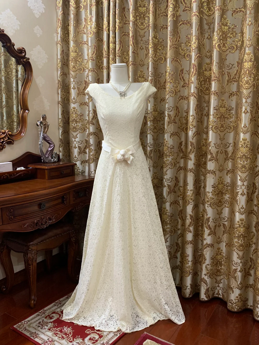 Off-White Lace Waist-Cinched Fitted A-Line Long Prom Gown, Evening Formal Dress gh7236