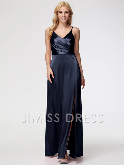 slim shoulder strap A-line V-neck pleated satin Prom dress