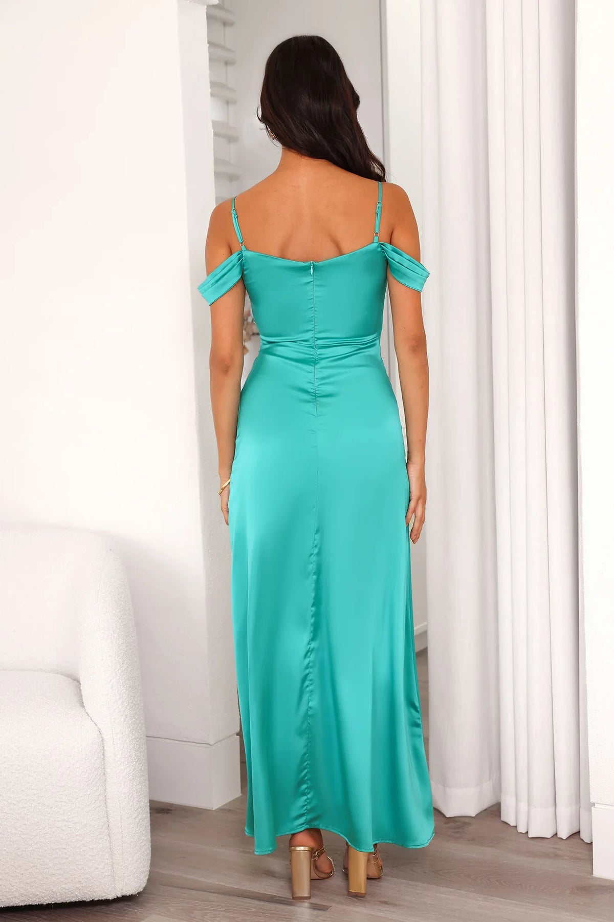 V slim collar shoulder strap side slit long Prom dress