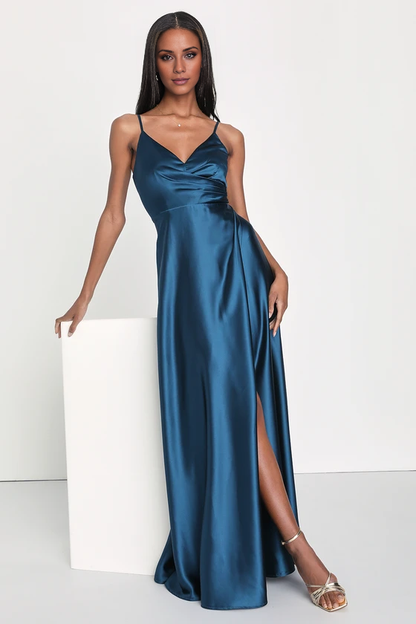 V-neck off shoulder sleeveless thin shoulder strap backless side slit and floor length evening dress