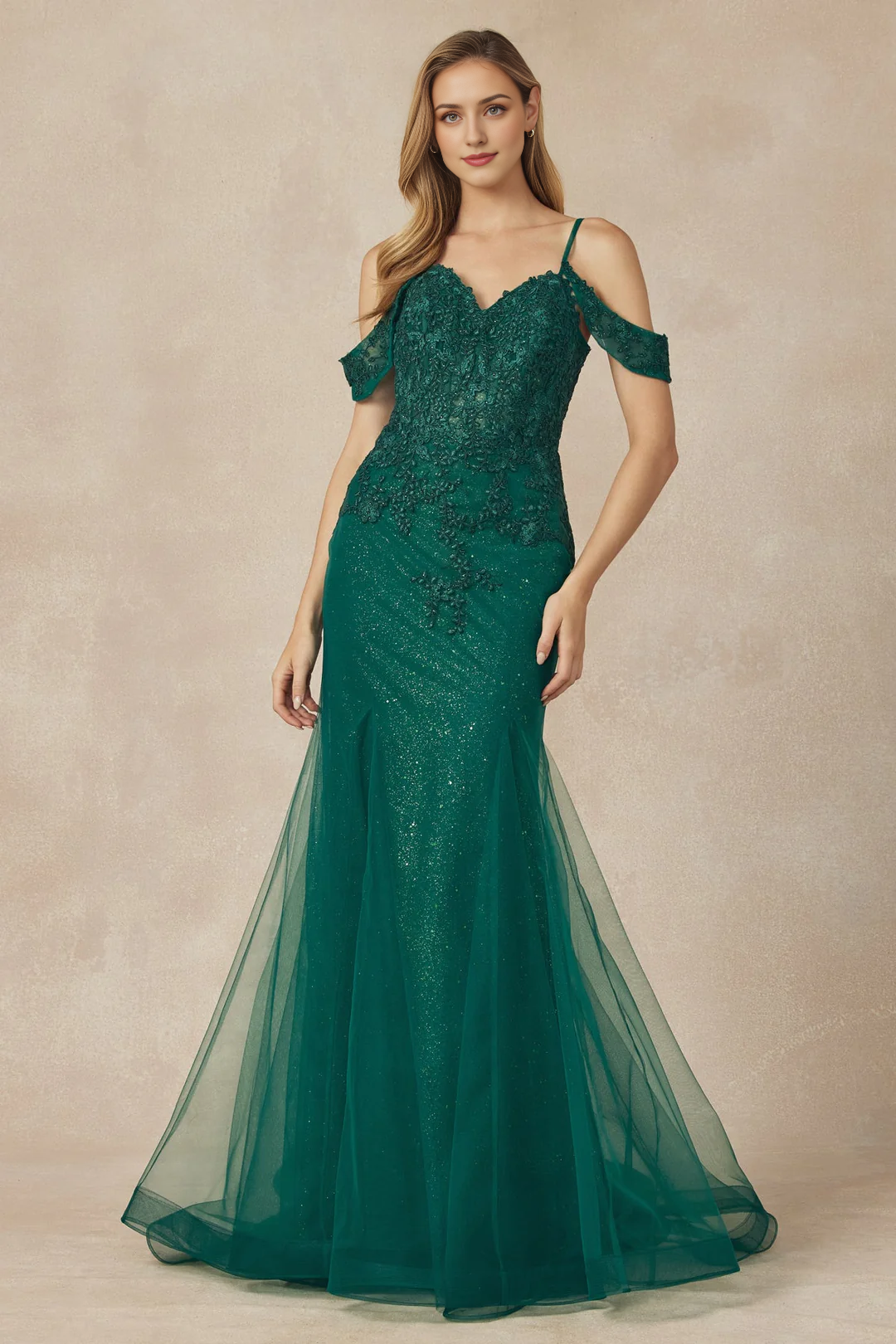 Long cold shoulder decal paired with fishtail dress